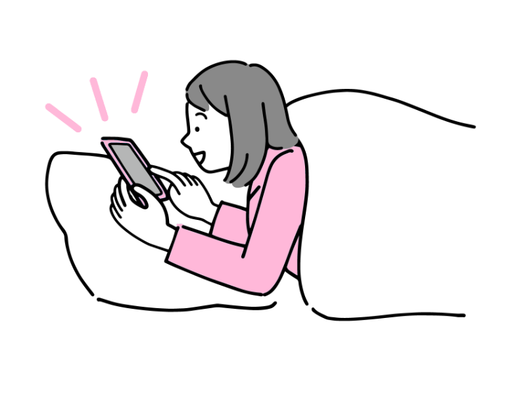 イラスト画像:女の人が横になりながらスマートフォンを見ている様子