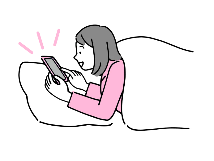 イラスト画像:女の人が横になりながらスマートフォンを見ている様子